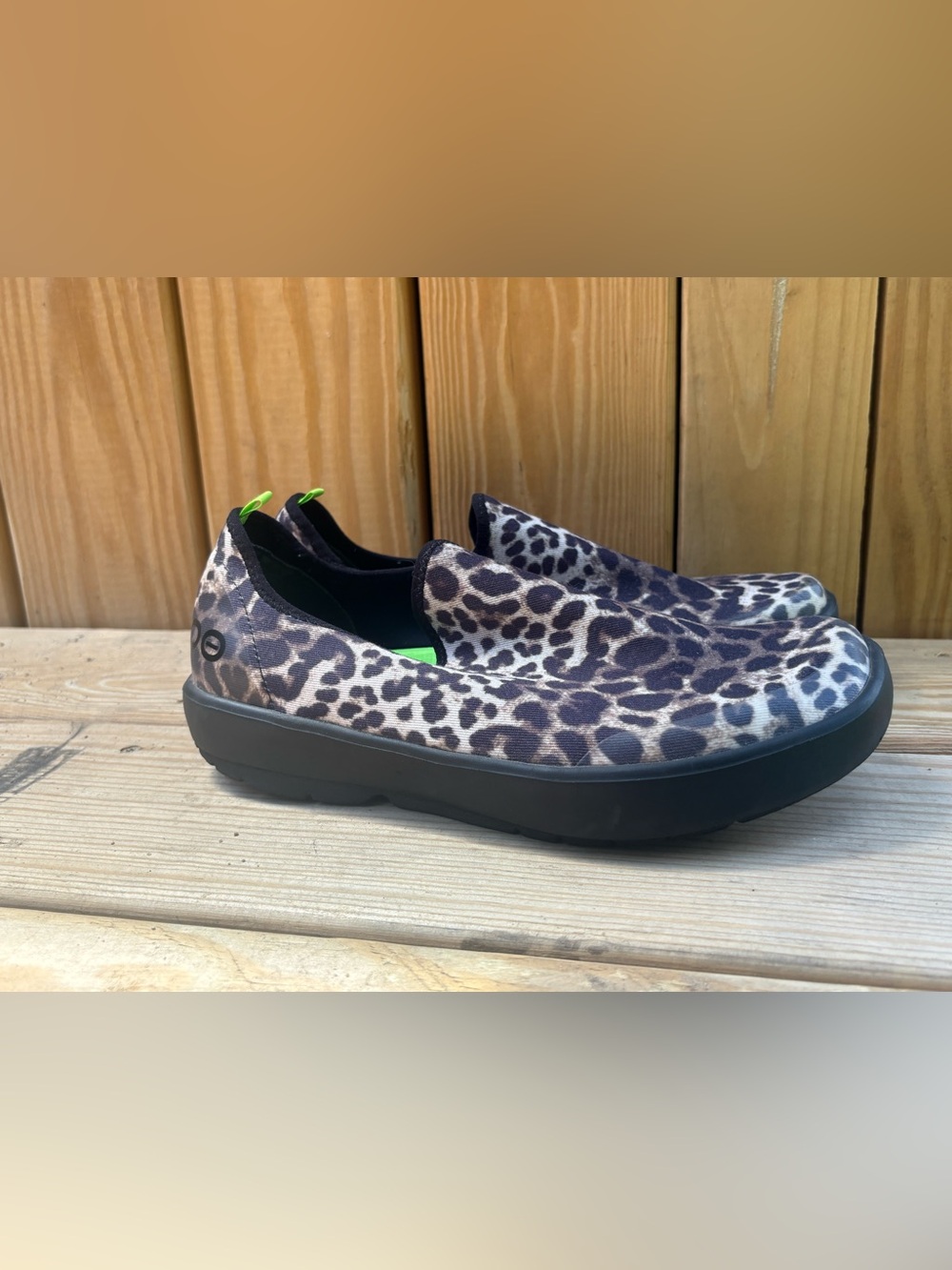 OOFOS Leopard Print Slip-On Shoes with Neon Green Insole - Picture 2 of 10